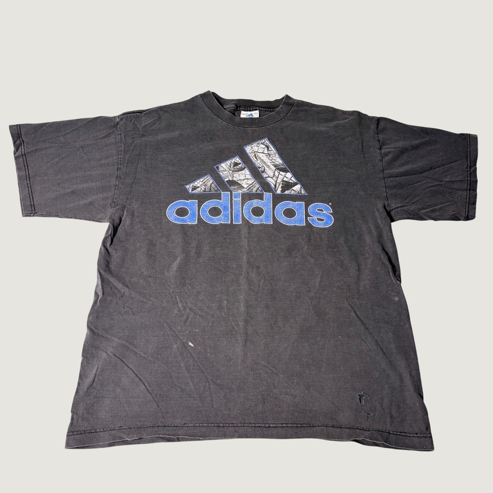 Vintage Adidas T Shirt Mens Large Black Blue Graphic Logo Made in USA Distressed